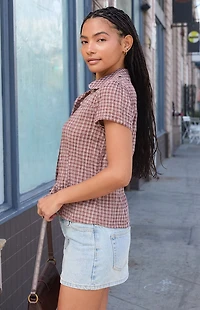 John Galt Brown Plaid Textured Teagan Collared Top