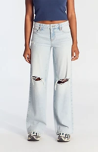 Pacsun Casey Fray Low Rise Baggy Jeans Ripped Light Indigo