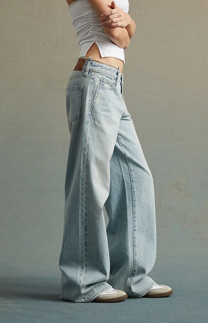 RARE DNM EDIT Tinted Light Indigo Rhinestone Belt Low Rise Baggy Jeans