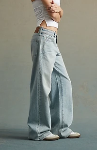 RARE DNM EDIT Tinted Light Indigo Rhinestone Belt Low Rise Baggy Jeans