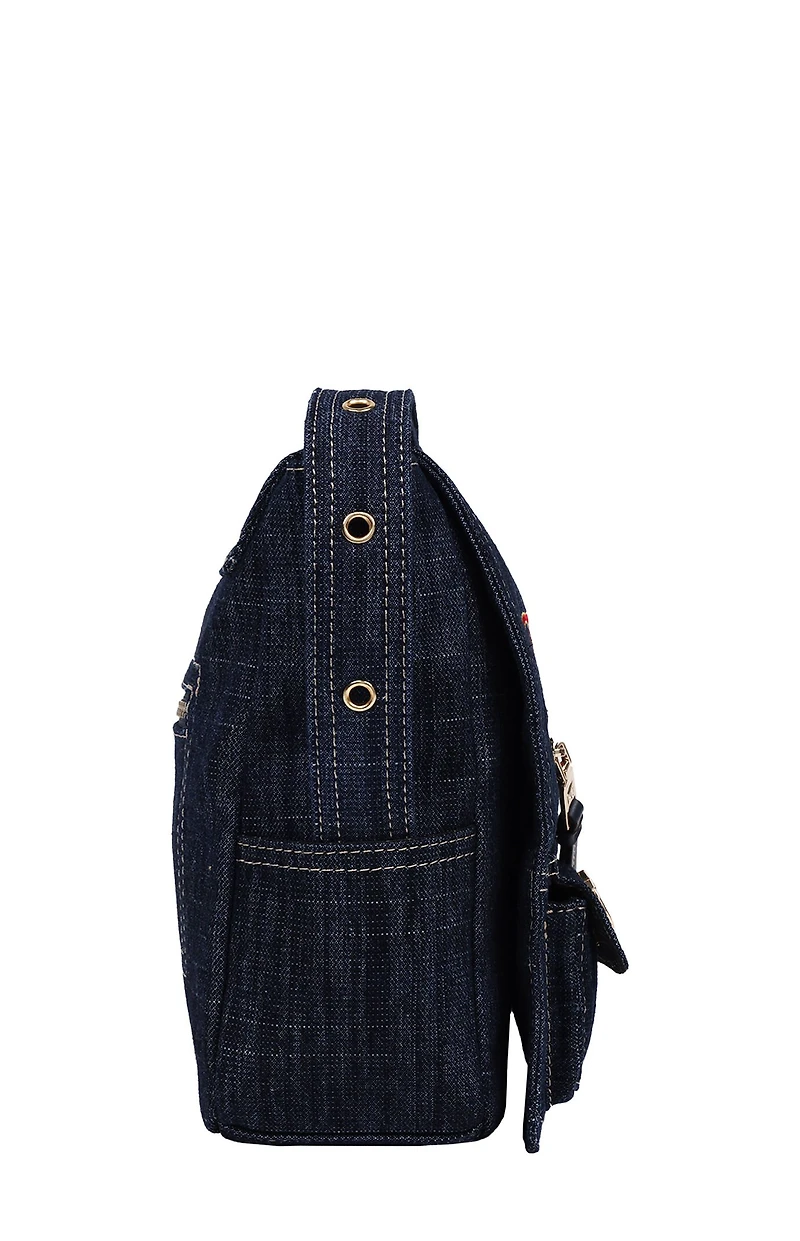 True Religion Dark Denim Multi Patch Messenger Bag