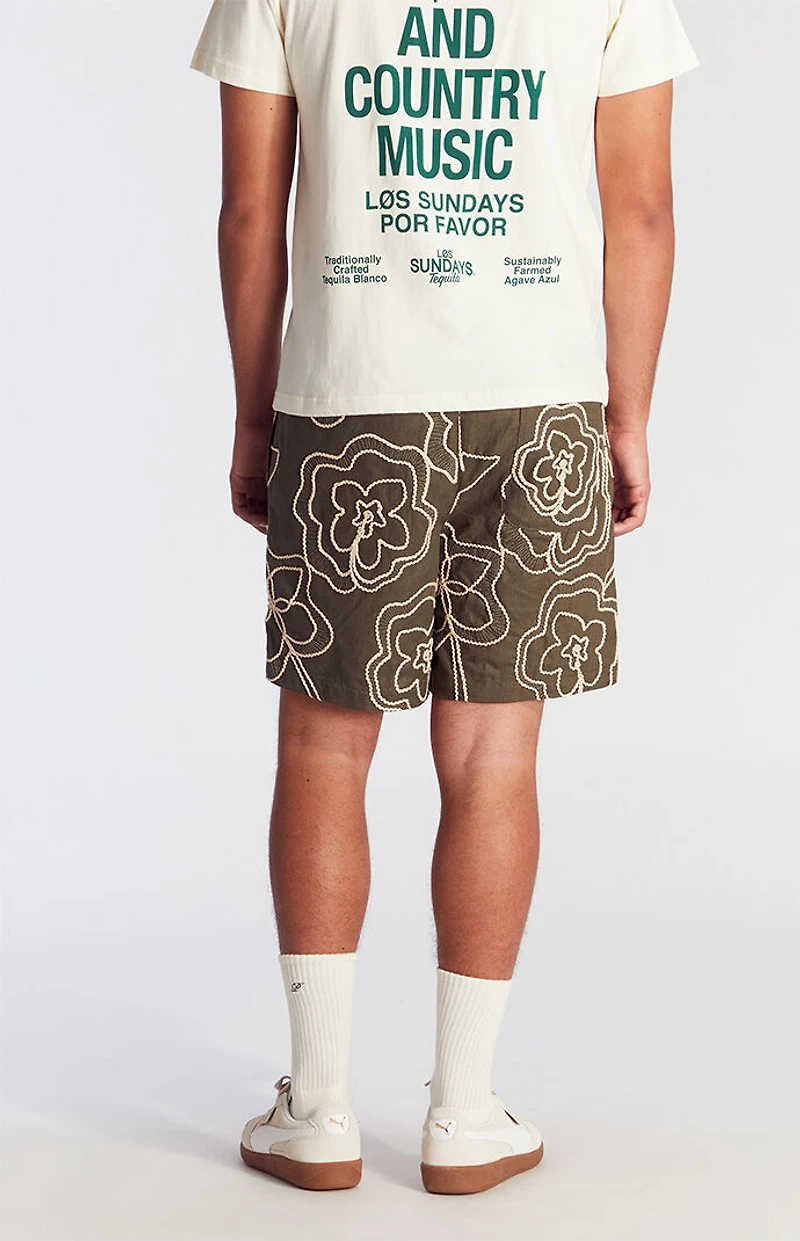 Pacsun Olive Floral Embroidered Volley Shorts