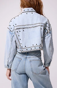AZALEA WANG Jazella Light Blue Studded Cropped Denim Jacket