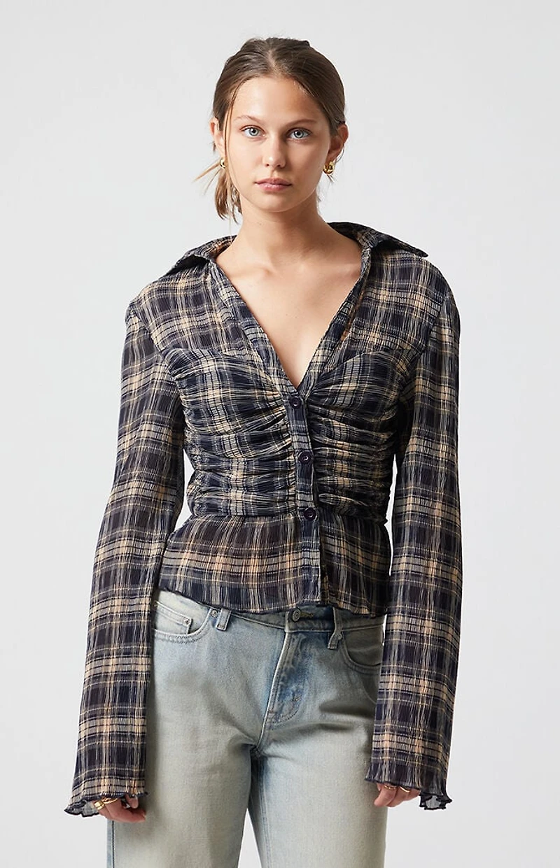 Beverly and Beck Sara Plaid Button Up Long Sleeve Top