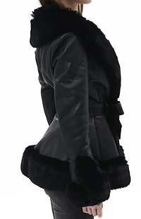 AZALEA WANG Kenzy Black Faux Leather & Fur Belted Coat