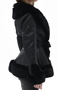 AZALEA WANG Kenzy Black Faux Leather & Fur Belted Coat