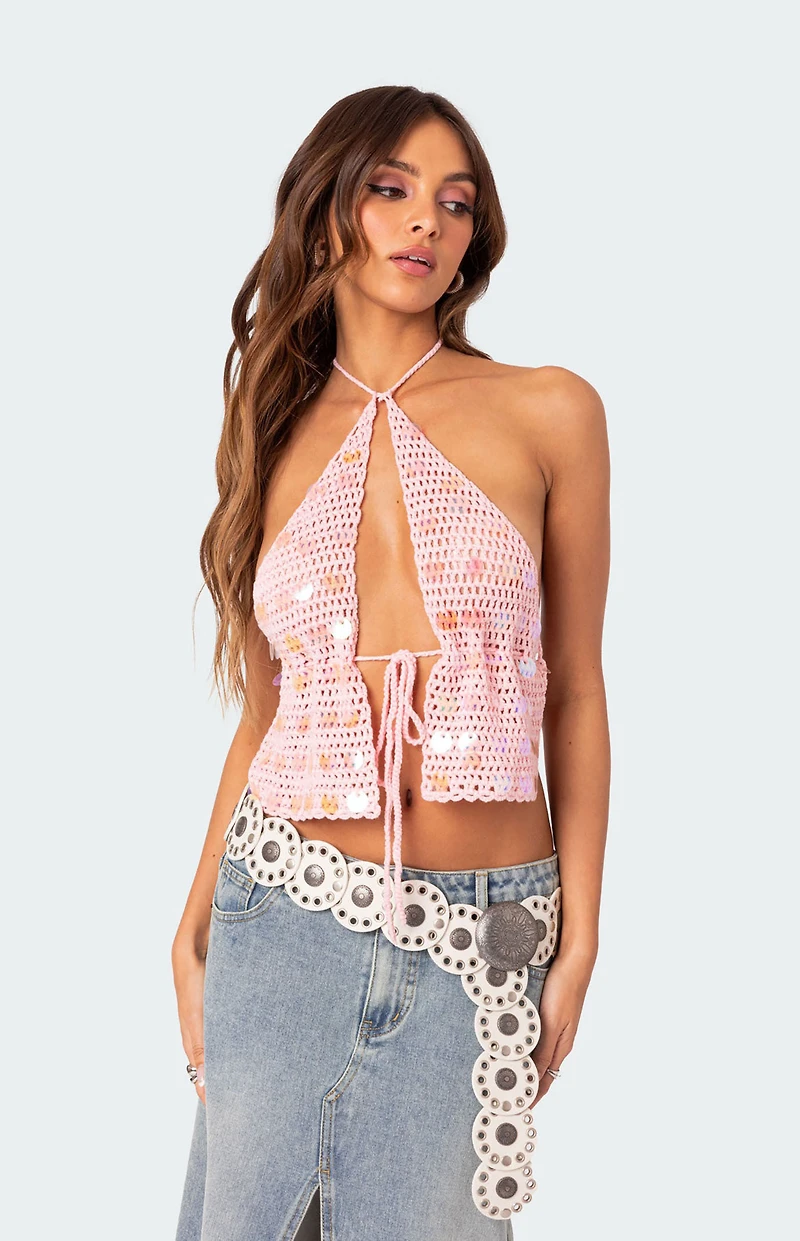Edikted Sequin Crochet Open Back Top