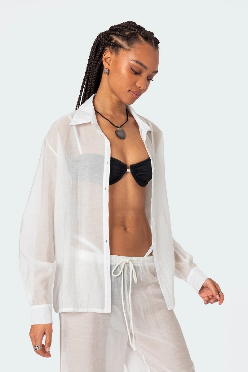 Edikted Breezy Oversized Sheer Button Shirt