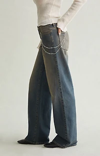 Pacsun Casey Low Rise Baggy Jeans Rhinestone Chain Tinted Blue