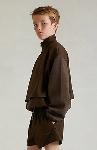 Kids Fear of God ESSENTIALS Heather Wood Nylon Fleece Mock Neck Sweatshirt
