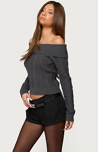 Edikted Leta Off Shoulder Cable Knit Sweater