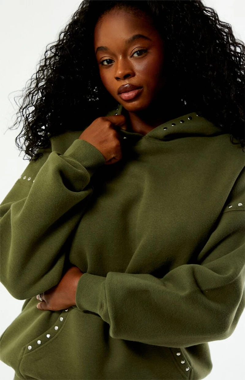 Pacsun Green Studded Solid Pullover Hoodie