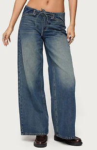 Edikted Niah Lace Up Low Rise Baggy Jeans