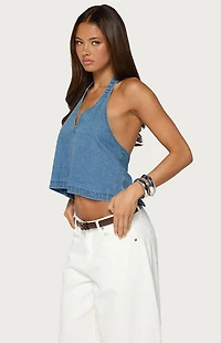 Edikted Teddie Backless Denim Halter Top