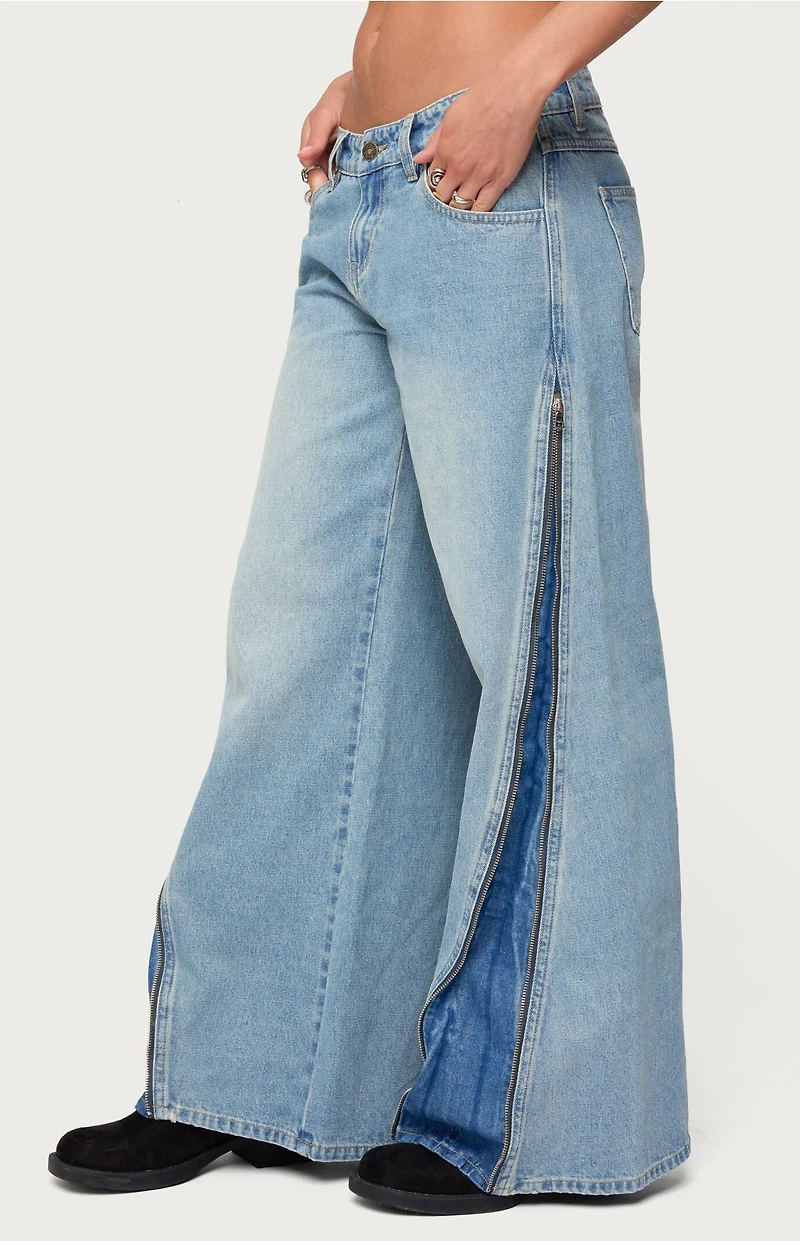 Edikted Zippered Washed Wide Leg Jeans
