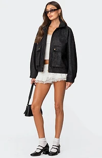 Edikted Cargo Faux Leather Bomber Jacket