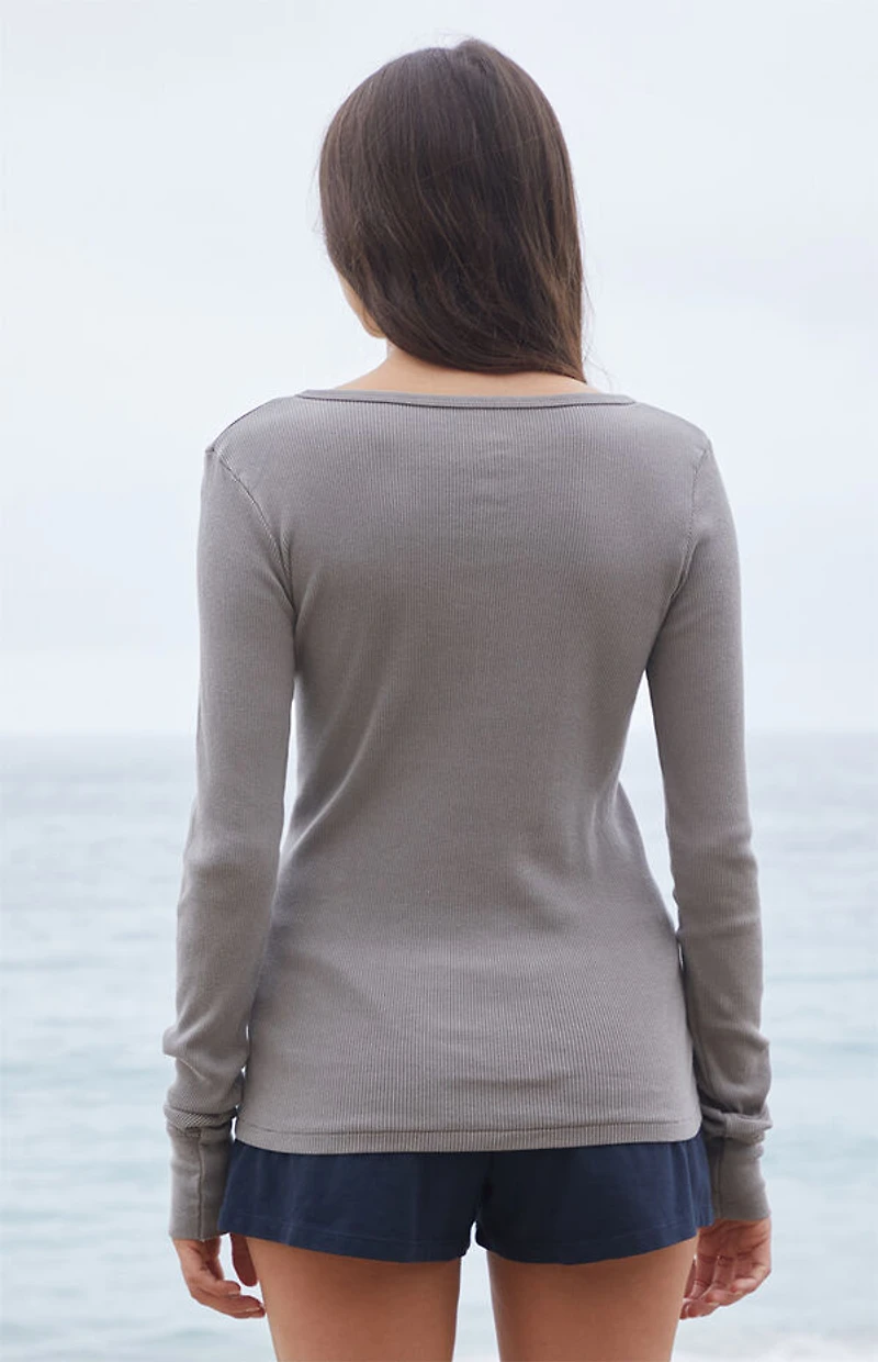 John Galt Gray Ribbed Button Long Sleeve Top