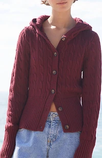 John Galt Burgundy Cable Knit Button Down Hooded Sweater