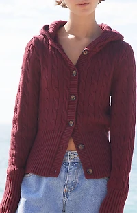 John Galt Burgundy Cable Knit Button Down Hooded Sweater