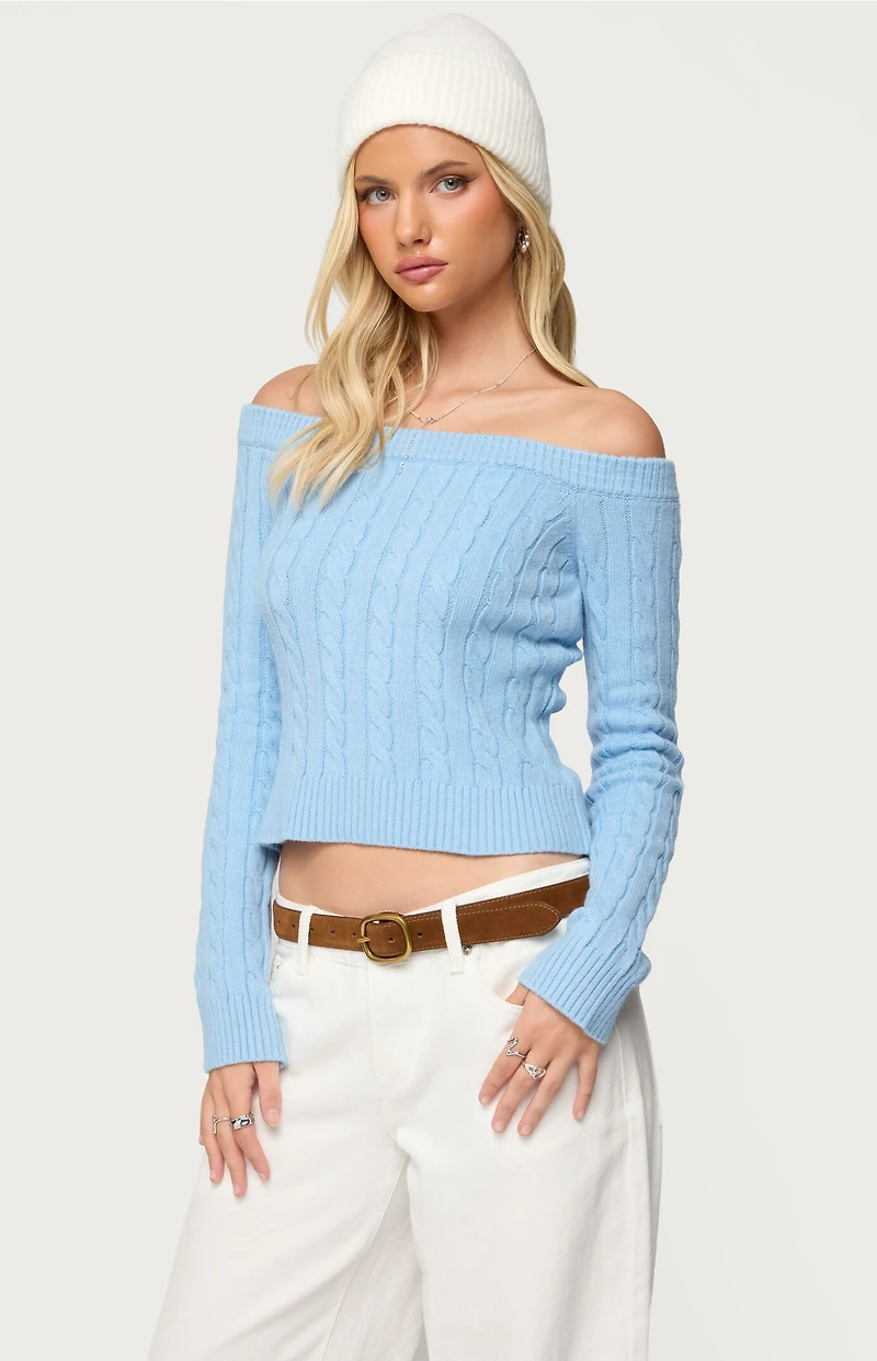 Edikted Taniza Off Shoulder Cable Knit Sweater