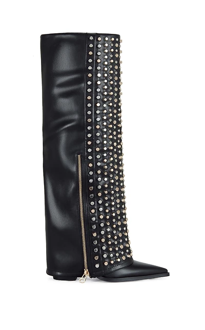 AZALEA WANG Women's Agustue Black Studded Faux Leather Western Boots
