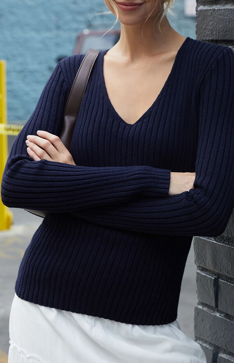 John Galt Blue V-Neck Long Sleeve Sweater