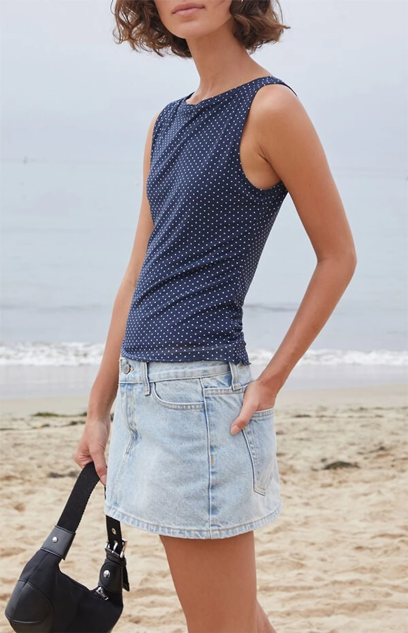 John Galt Blue Polka Dot High Neck Tank Top
