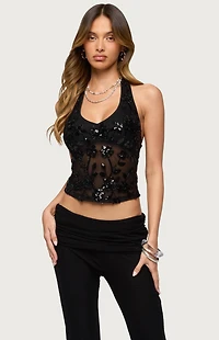 Edikted Bead & Sequin Sheer Mesh Halter Top