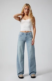 Pacsun Casey Low Rise Baggy Jeans Bow Embroidery Light Indigo