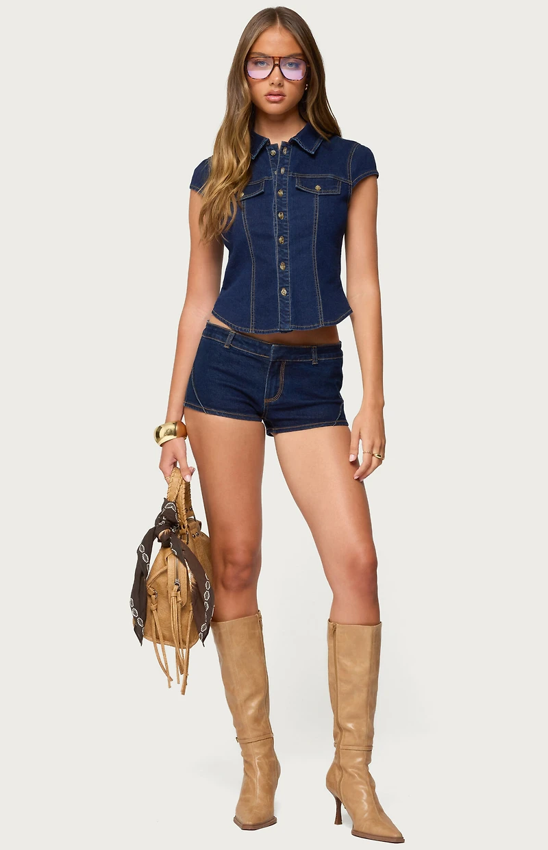 Edikted Contrast Stitch Button Up Denim Shirt