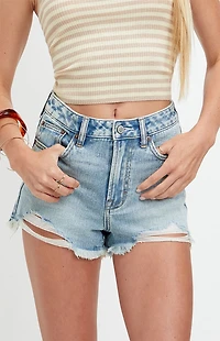 Pacsun Ivy High Waisted Festival Jean Shorts Frayed Light Blue