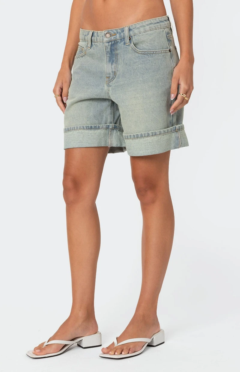 Edikted Cuffed Washed Denim Bermuda Shorts