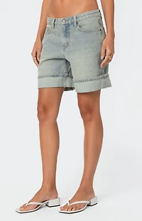Edikted Cuffed Washed Denim Bermuda Shorts