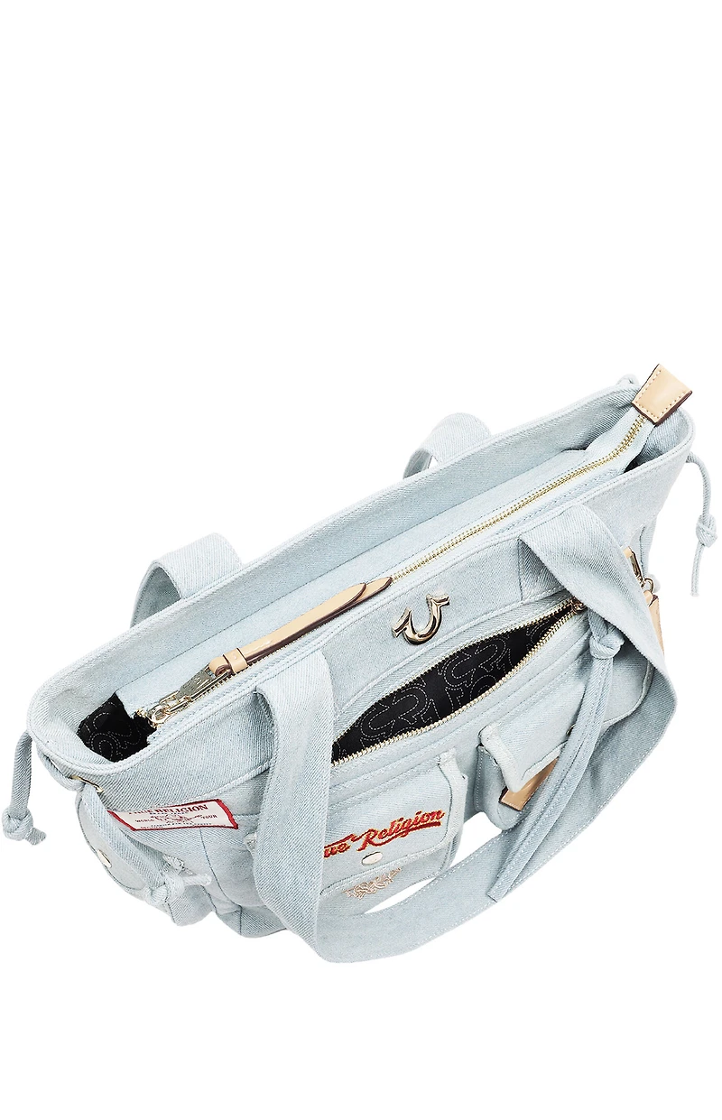 True Religion Blue Denim Multi Patch Tote Bag