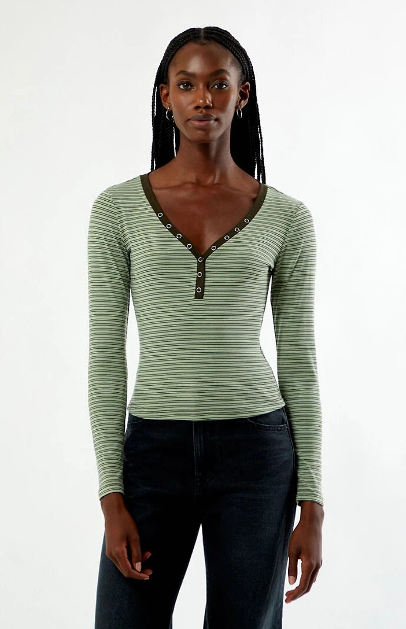 Your Favorite Poppy Striped V-Neck Button Up Long Sleeve Top