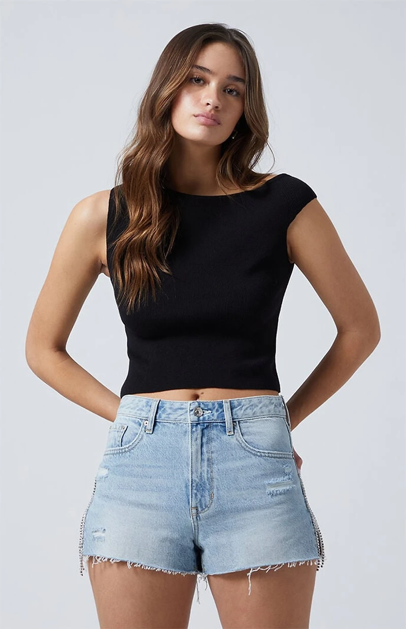 Pacsun Light Indigo Rhinestone Fringe High Waisted Denim Festival Shorts