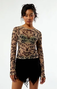 Playboy By PacSun Tattoo Print Mesh Long Sleeve Top