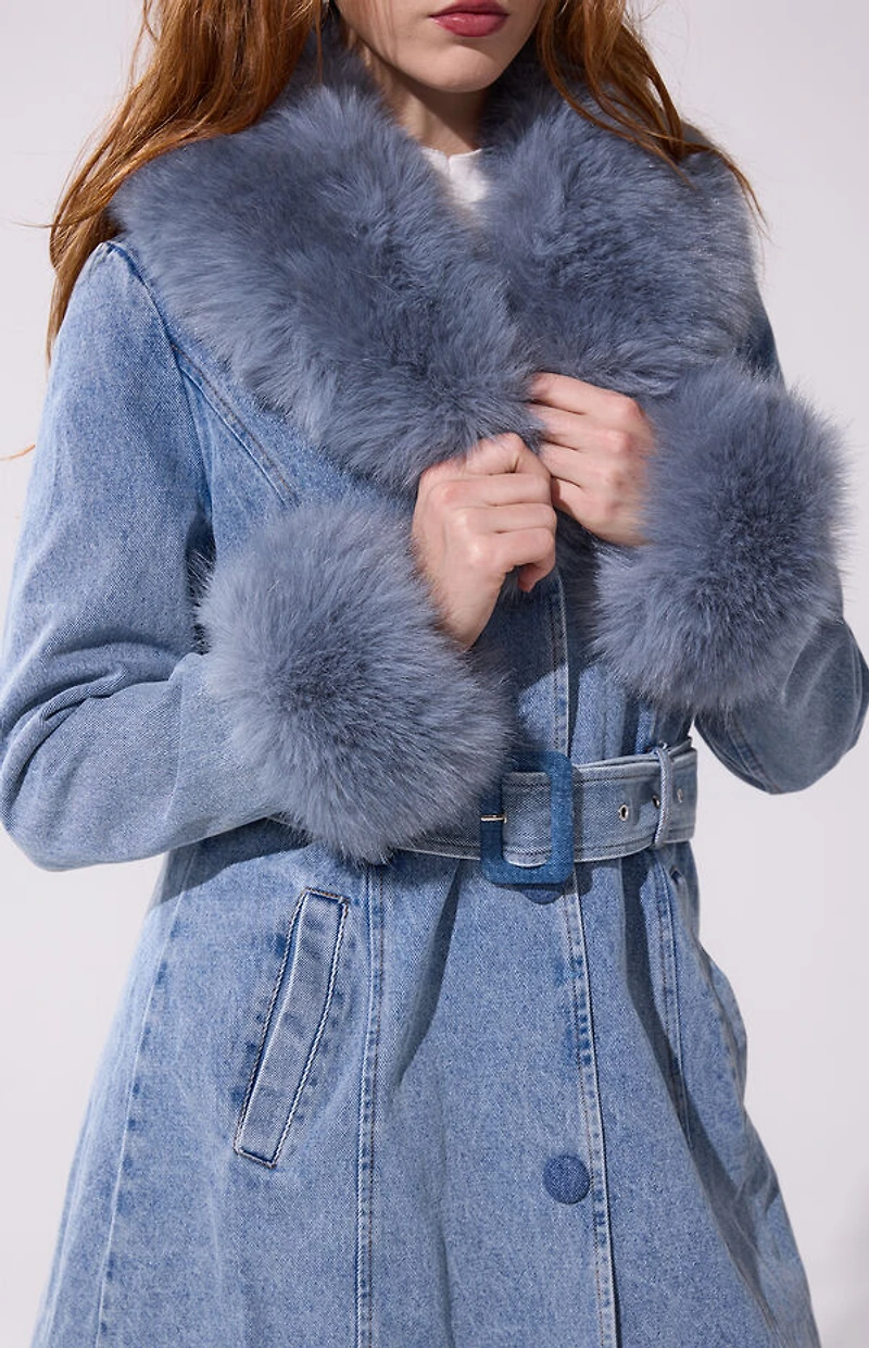 AZALEA WANG Kaya Denim Faux Fur Trench Coat