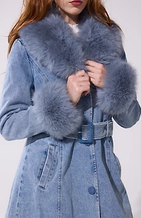 AZALEA WANG Kaya Denim Faux Fur Trench Coat