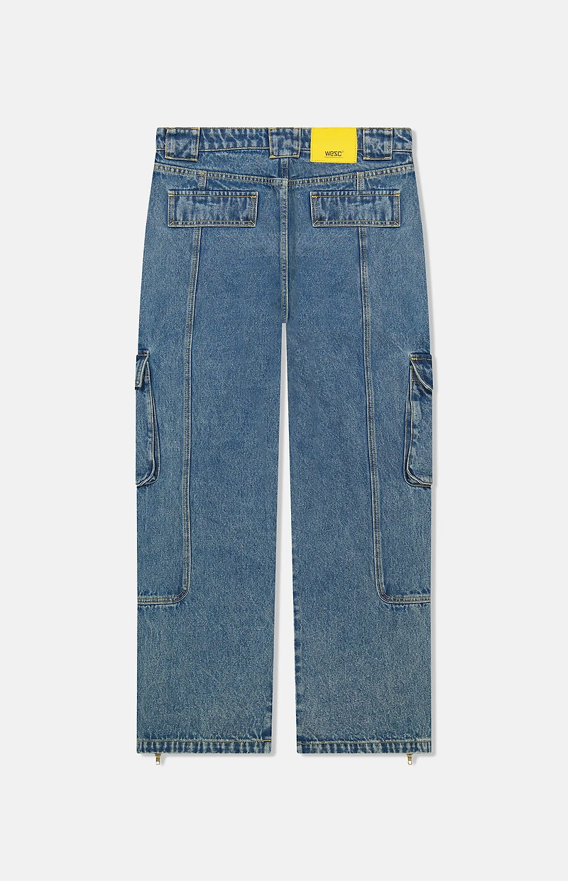 WeSC Medium Blue Baggy Denim Zipper Cargo Pants