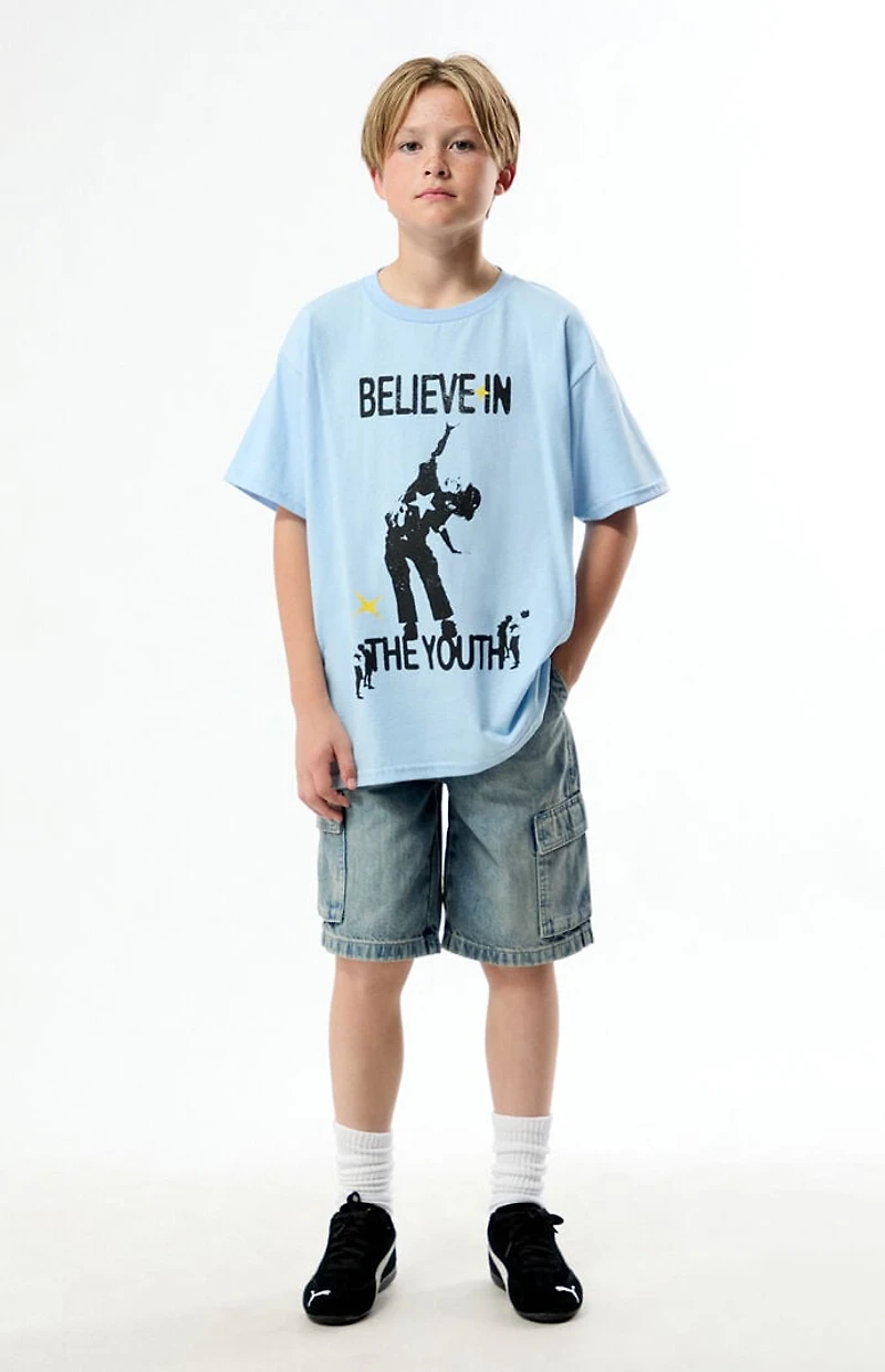 Pacsun Kids Extreme Baggy Denim Shorts Cargo Medium Blue Tint