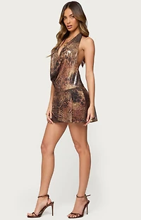 Edikted Printed Mesh Metallic Cowl Neck Mini Dress