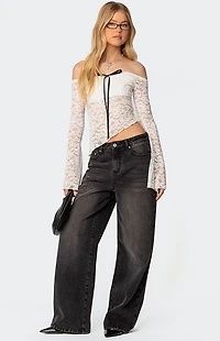 Edikted Asymmetric Sheer Lace Off Shoulder Top