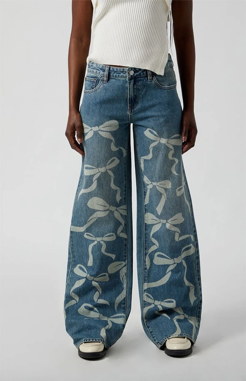 Pacsun Casey Low Rise Baggy Jeans Bow Graphic Medium Indigo
