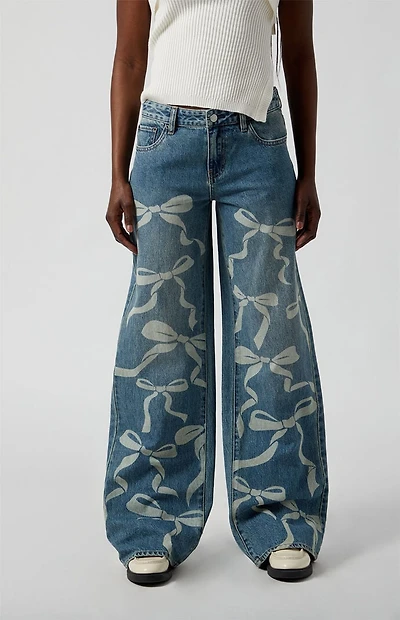 Pacsun Casey Low Rise Baggy Jeans Bow Graphic Medium Indigo