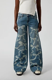 Pacsun Casey Low Rise Baggy Jeans Bow Graphic Medium Indigo