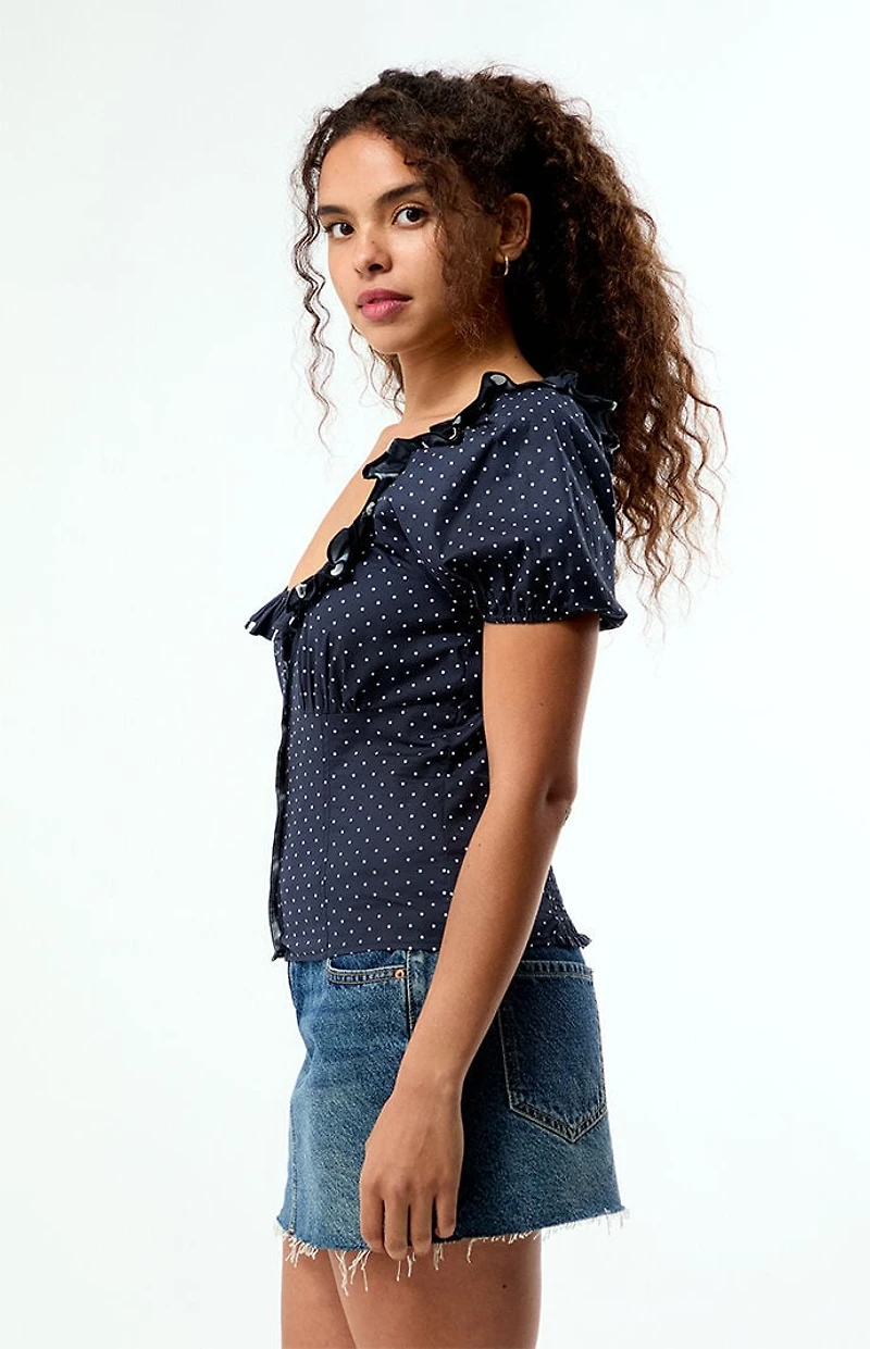 WEWOREWHAT Polka Dot Ruffle Button Up Top