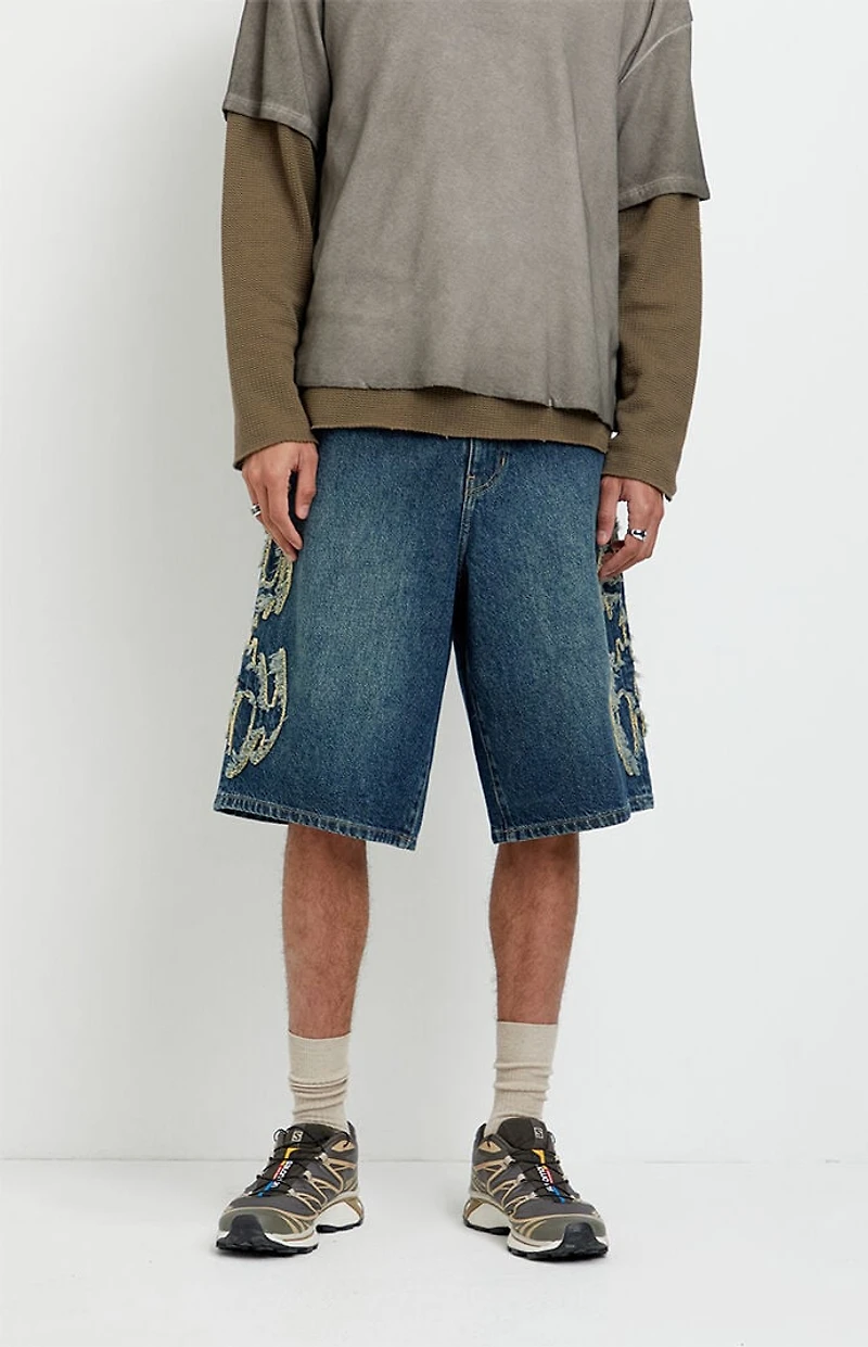 Pacsun Austin Extreme Baggy Jean Shorts Cyber Applique Dark Blue