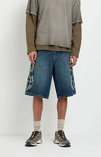 Pacsun Austin Extreme Baggy Jean Shorts Cyber Applique Dark Blue