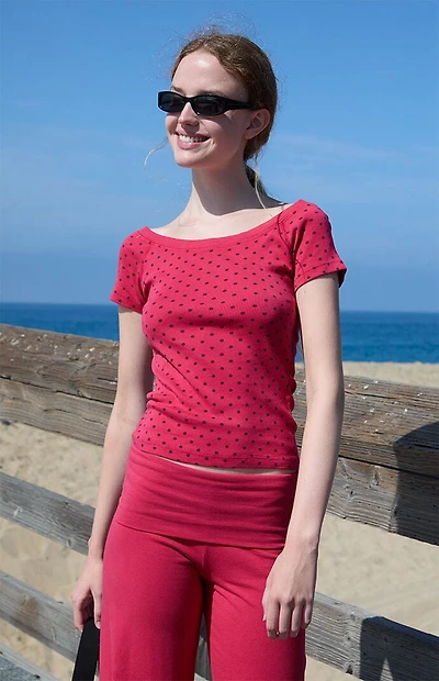 John Galt Red Ginny Polka Dot Off-The-Shoulder Top